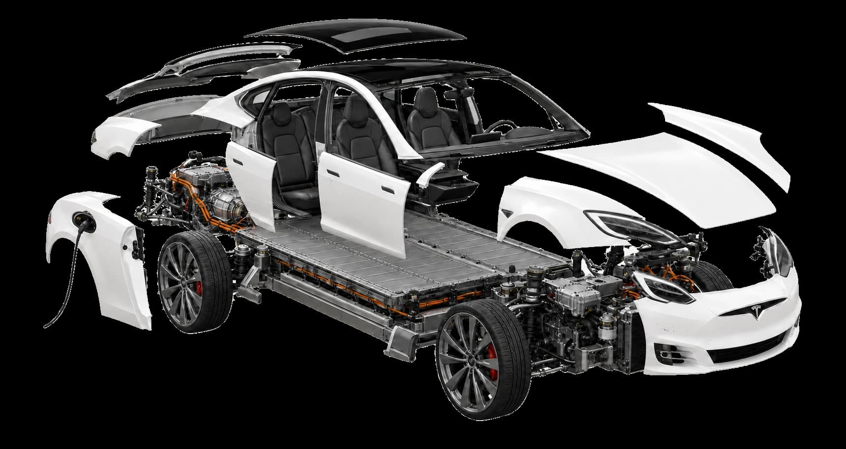 Deconstructed white Tesla Model S exposing its full-length battery, front and rear drive systems, charging hardware, suspension, and high-voltage cabling